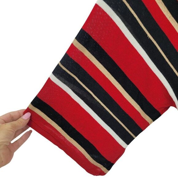 Vintage 90s Red Knit Top V-Neck Kimono Sleeve L Black Striped Empire Tie Back - Picture 7 of 10